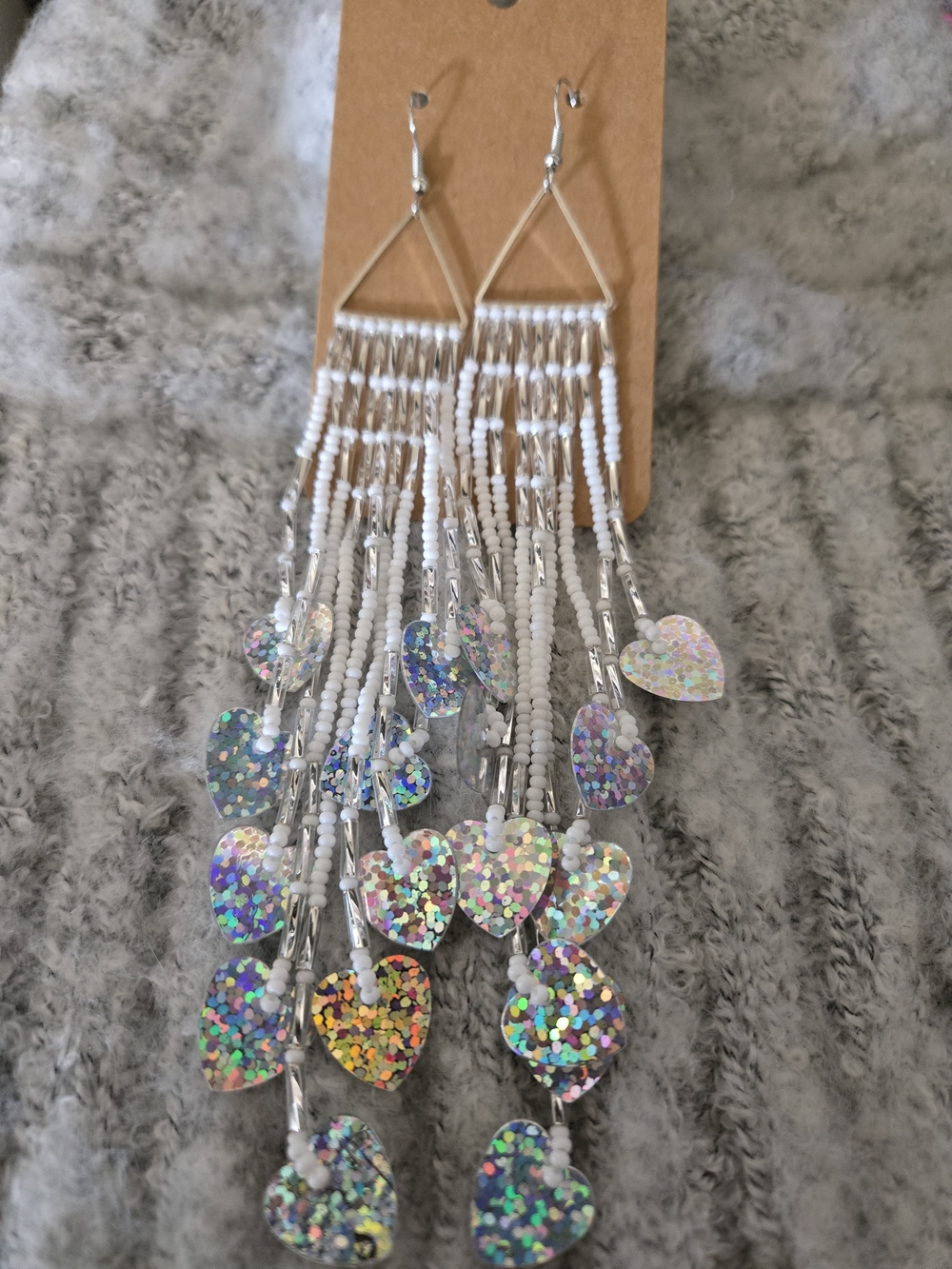 Silver Holographic Hearts and White Beaded Fringe Earrings